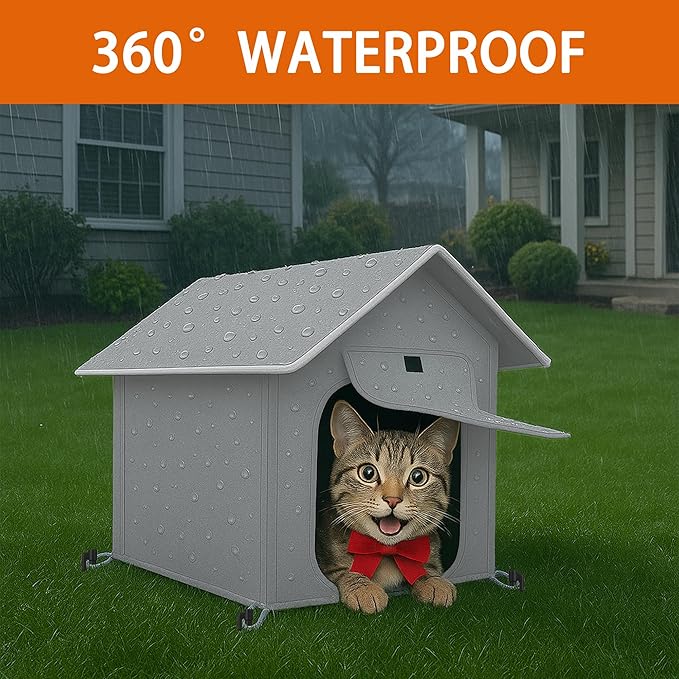 Outdoor Cat House with Cozy Cushion, Waterproof Insulated Cat Houses for Outdoor Cats, Shelter for Feral Pet Outside, Design for All Weather, Light Grey