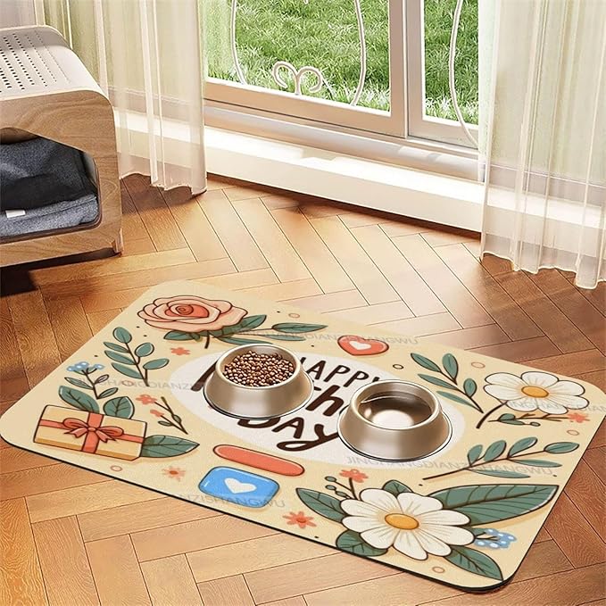Pet Feeding Mat for Floors Waterproof Dog Mat for Food and Water Happy Mother's Day Floral Gift Mom Do Absorbent Quick Dry Non Slip Mats Cat Bowls 24x16In