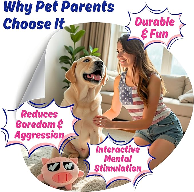3 in 1 Squeaky Soft Plush Durable Dog Chew Toy for Aggressive Chewers, No Stuffing Interactive Tough Rip & Reveal Crinkle Pink Pig Ball in Gift Box, Puppy, Small & Large Breed Pets Birthday Present