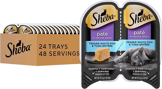 Sheba Perfect Portions Wet Cat Food Pate White Fish & Tuna Entree, 2.6 oz. Twin-Pack Trays, Cat Food Wet Recipe (24 Count, 48 Servings)