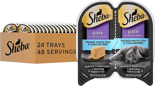 Sheba Perfect Portions Wet Cat Food Pate White Fish & Tuna Entree, 2.6 oz. Twin-Pack Trays, Cat Food Wet Recipe (24 Count, 48 Servings)