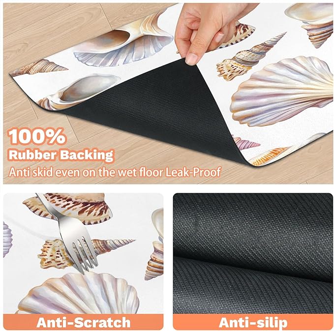 Seashell Dog Food Mat for Floors Absorbent Dog Bowl Mat for Food and Water Dispenser Quick Dry Cat Food Placemat Pet Supplies 17" x 30", Coastal Beach