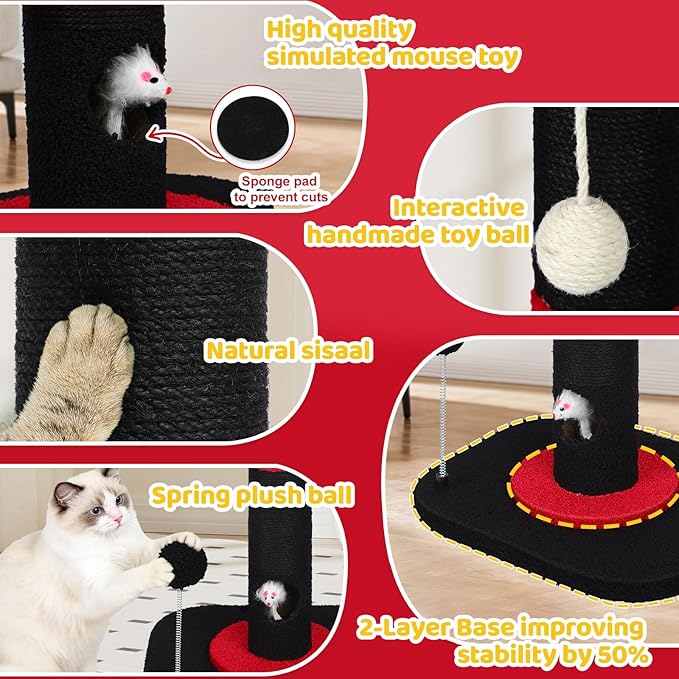 Tall Cat Scratching Post for Indoor Cats Adults, Cat Scratch Post with Sisal Rope Claw Scratcher, Solid Wood Cat Tower with Scratching Post and Cat Toys Mouse Hole, Goth Small Cat Tree (Gothic)