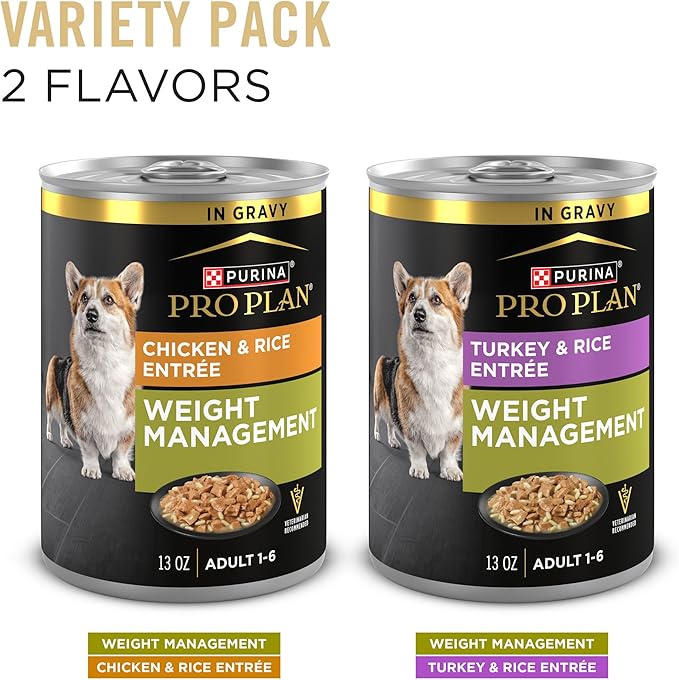 Purina Pro Plan Specialized Weight Management Wet Dog Food Chicken and Rice Entree and Turkey and Rice Entree in Gravy Variety Pack - (Pack of 12) 13 oz. Cans