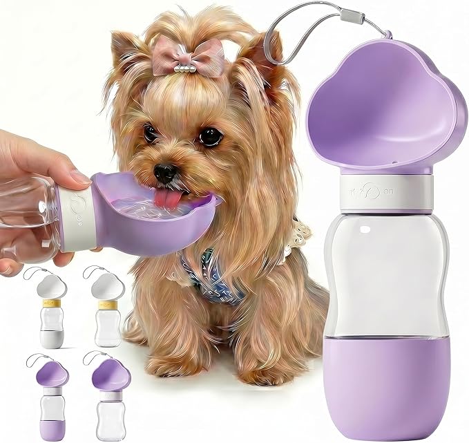 Dog Water Bottle Portable, Built-in Bowl and Dispenser for Dogs, Leak-Proof Bottles for Travel Accessories, Ideal Small Pet Supplies for Puppy Things (Purple, 11oz)