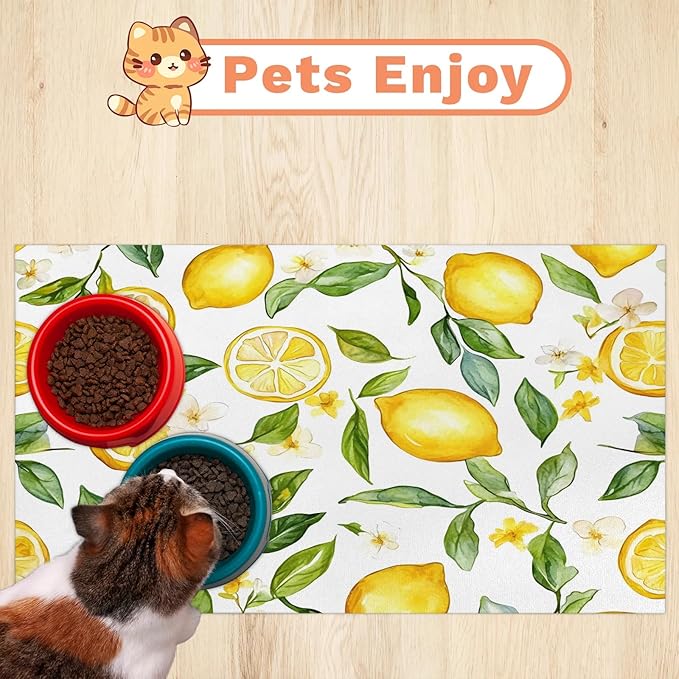 Yellow Lemon Dog Food Mat for Floors Absorbent Dog Bowl Mat for Food and Water Dispenser Quick Dry Cat Food Placemat Pet Supplies 12" x 20", Green Leaves Plant