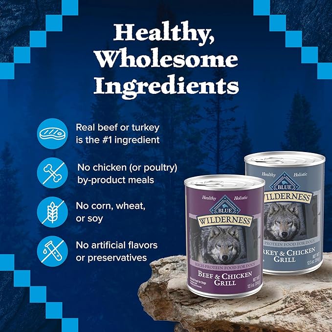 Blue Buffalo Wilderness Beef and Chicken Grill and Turkey and Chicken Grill High-Protein Wet Dog Food for Adult Dogs, 12.5 oz. Cans, 6 Count Variety Pack