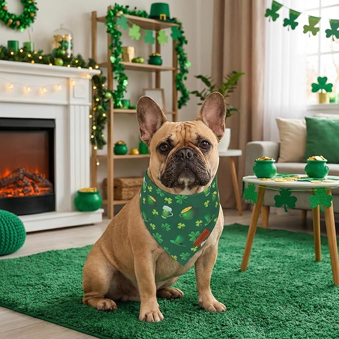 PTDECOR St. Patrick's Day Dog Bandana, Irish Lucky Pet Scarf, Premium Durable Fabric, Green Shamrock Hat Pet Bandanas for Medium Large Dogs Pets (Large)