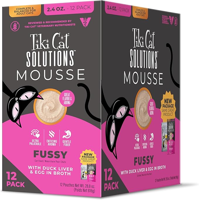 Tiki Cat Solutions Mousse Multipack Wet Cat Food, Fussy, Duck Liver & Egg, 2.4 oz. Pouch (12 Pack)