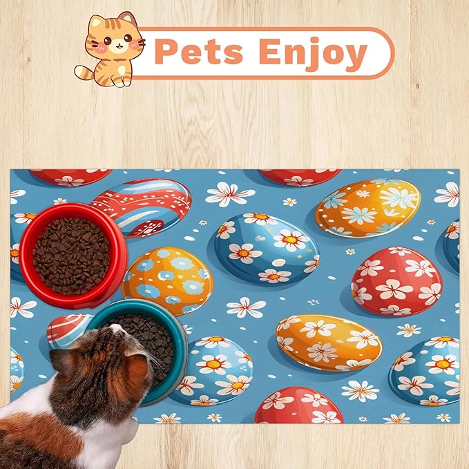 Easter Eggs Dog Food Mat for Floors Absorbent Dog Bowl Mat for Food and Water Dispenser Quick Dry Cat Food Placemat Pet Supplies 16" x 24", Daisy Flower