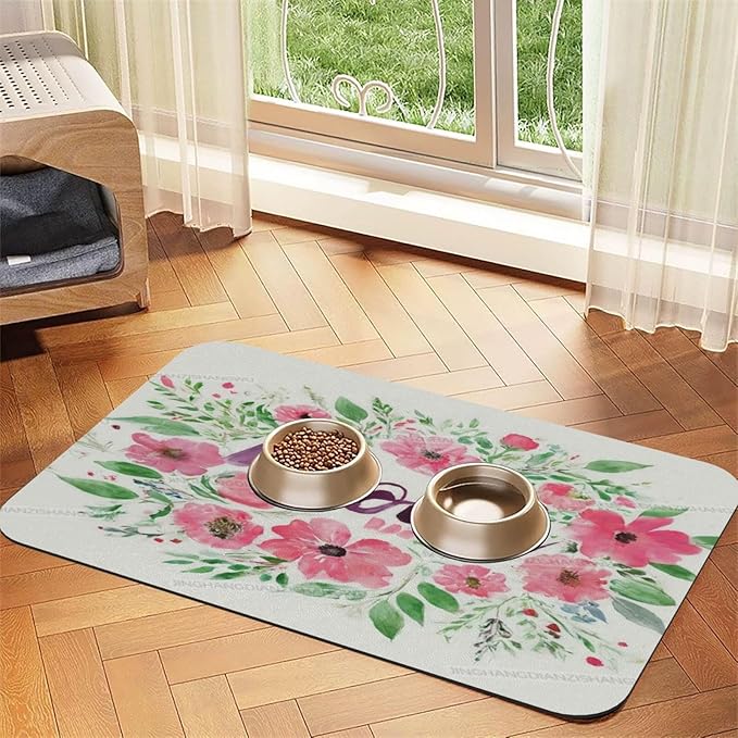 Dog Food Mat Watercolor Happy Mother's Day Floral Gift for Mom Li Absorbent Water Bowl Mats Cat Pet Feeding Placemats 18X12In