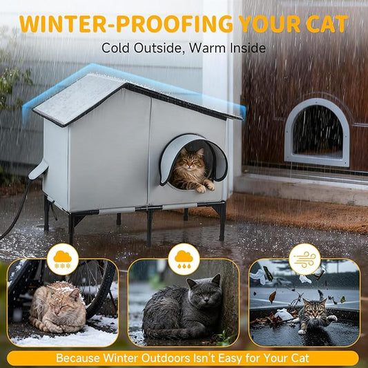 Heated Outdoor Cat House with Heater, Waterproof and Insulated Cat Shelter for Winter, Durable and Warm Cat Houses for Outdoor Cats, Ideal for Feral, Stray, and Barn Cats