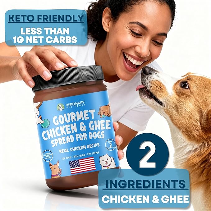 Visionary Pet Foods Chicken Meat Spread, Dog Safe and Natural Peanut Butter Alternative - Healthy Digestive Support, No Additives - Lick Mat Treats - 12oz Jar