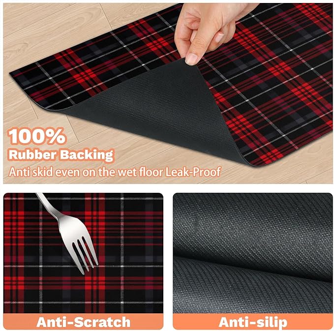 Buffalo Check Dog Food Mat for Floors Absorbent, Quick Dry Water Dispenser Mat for Food, Water, Pet Supplies 16" x 24", Red Black Plaid