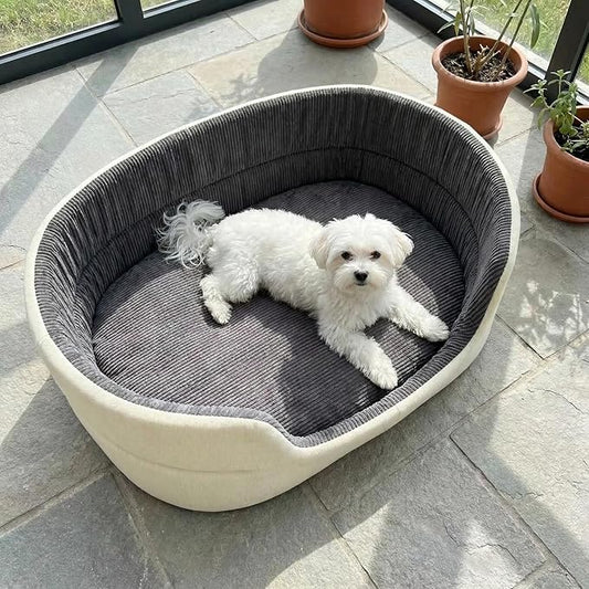 Large Dog Bed Cat Bed 20x30 Inch, Calming Pet Bed for Medium Dogs & Large Cats, Half-Enclosed Open-Top Velvet Anti-Anxiety Bed, Machine Washable Cozy Snuggle Bed (White)