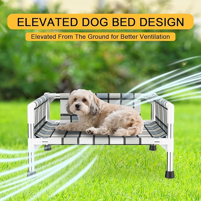 Elevated Raised Outdoor Dog Bed - Cooling Washable Dog Cot with Guardrail, Durable & Breathable Cotton Mesh Pet Hammock Beds with Stainless Steel Pipe Frame for Small Pets (20'' x 20'' x 12'')