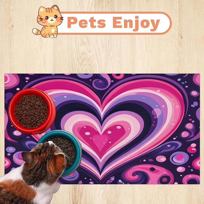 Lovely Heart Dog Food Mat for Floors Absorbent, Quick Dry Water Dispenser Mat for Food, Water, Pet Supplies 24" x 32", Valentine's Day