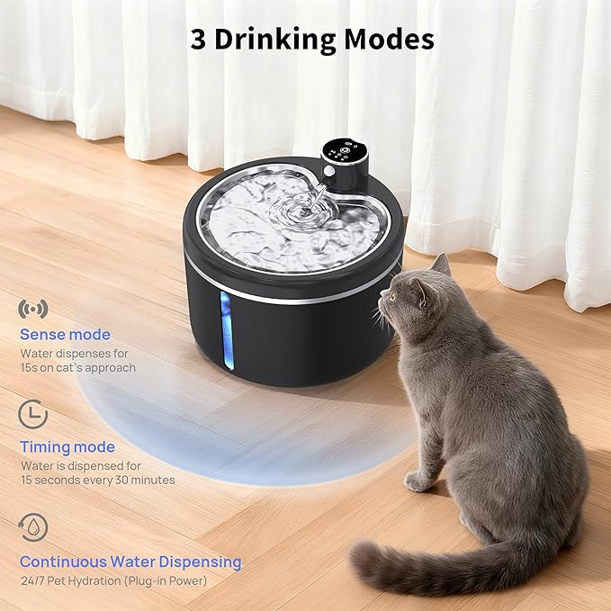 Cat Water Fountain Cordless, 108oz/3L Pet Fountains for Cats Indoor with Stainless Steel Tray, Battery Operated Cat Drinking Fountain with Motion Sensor, Ultra Quiet Pump (Black)