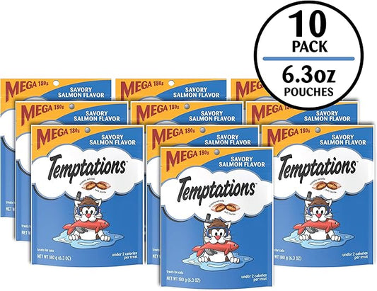 Temptations Cat Treats Classic Crunchy and Soft Cat Treats, Savory Salmon Flavor, 6.3 oz. Pouch (Pack of 10)