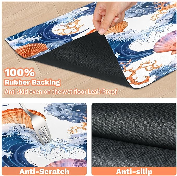 Nautical Coastal Dog Food Mat for Floors Absorbent Dog Bowl Mat for Food and Water Dispenser Quick Dry Cat Food Placemat Pet Supplies 16" x 24", Colorful Seashell