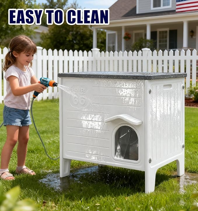 Plastic Cat House Outdoor & Indoor, Feral Cat Houses with Escape Door, Waterproof Outdoor Cat Shelter for Feral Stray Cat Kitty, Assemble Easily