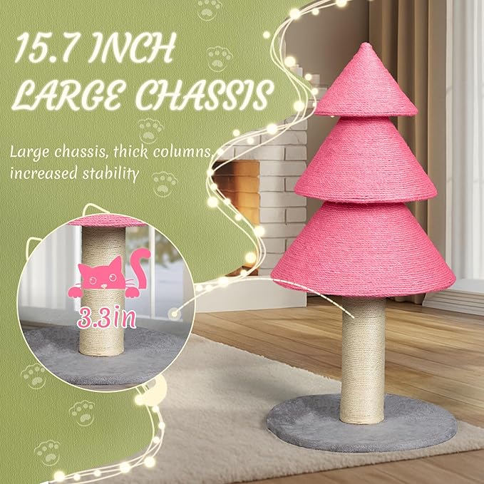 Outvita 31.5in Christmas Tree Cat Scratcher, Cat Scratching Post for Indoor Cats, Large Sisal Cat Scratching Tree Cat Scratch Tower, Pink