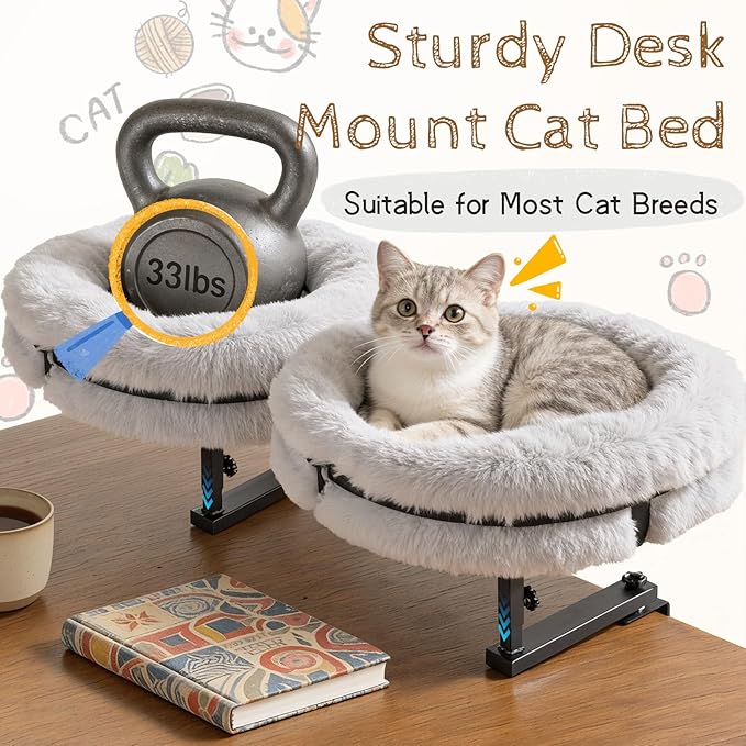 Cat Bed for Desk 360° Rotating, Cat Desk Bed with Adjustable Height, Removable Desk Mounted Kitty Bed with Soft Fur, Desktop Cat's Hammock Supports 33 lbs for Table Home Office Indoor