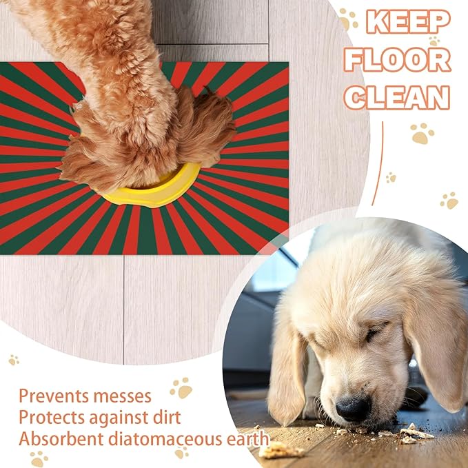 Striped Dog Food Mat for Floors Absorbent, Quick Dry Water Dispenser Mat for Food, Water, Pet Supplies 17" x 30", Red Green