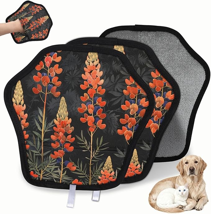 Wildflower Themed Electrostatic Pet Hair Removal Glove for Cats & Dogs - Reusable Grooming Mitt for Couch, Carpet, Car Seat & Laundry - Large 9x9 Inch