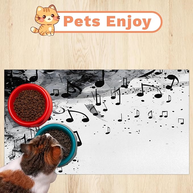 Musical Notes Dog Food Mat for Floors Absorbent Dog Bowl Mat for Food and Water Dispenser Quick Dry Cat Food Placemat Pet Supplies 12" x 20", Black Music Note