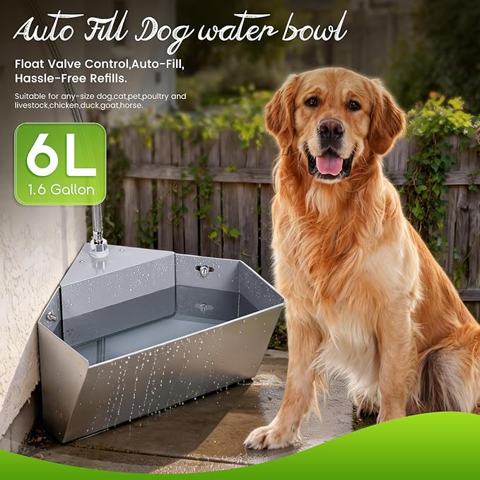 Stainless Steel Automatic Dog Water Bowl Dispenser Outdoor Corner Wall Mount, 6L/1.6 Gallon Automatic Waterer Feeder, Self Filling Livestock Water Trough for Large Breed and Chicken