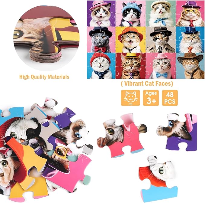 Jumbo Floor Puzzle for Kids,48 Piece Cat Jigsaw Puzzles,Pet Learning Educational Toys for Toddlers Ages 3-5,Children Easter Gift for Boy Girl Ages 4-8