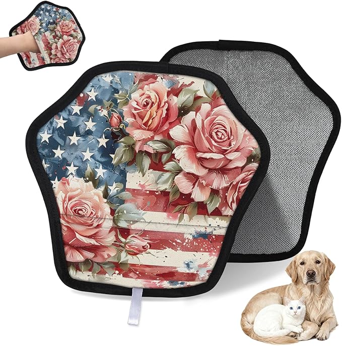 Reusable Pet Hair Removal Glove Floral Star Stripe Magic Brush for Cat & Dog Hair Remover for Car, Sofa, Bedding, Clothes - 9x9 Mitt Washable