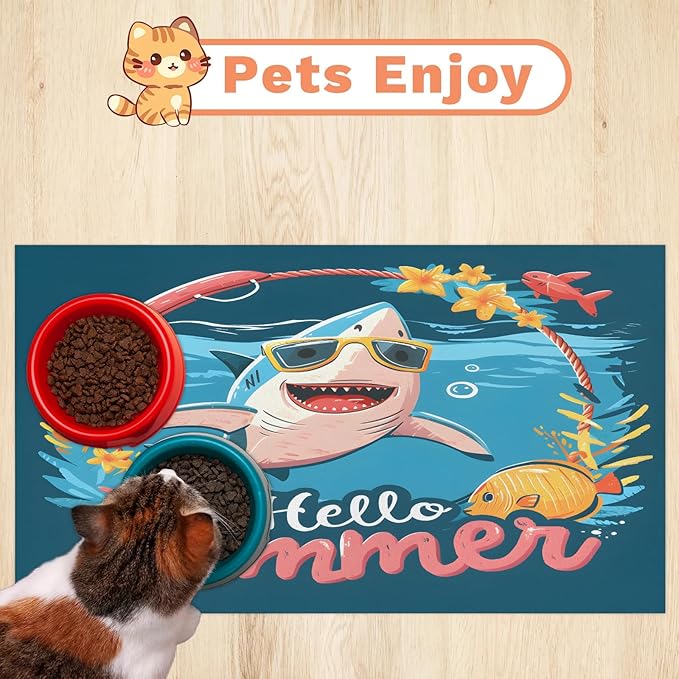 Funny Sharks Dog Food Mat for Floors Absorbent Dog Bowl Mat for Food and Water Dispenser Quick Dry Cat Food Placemat Pet Supplies 24" x 32", Hello Summer