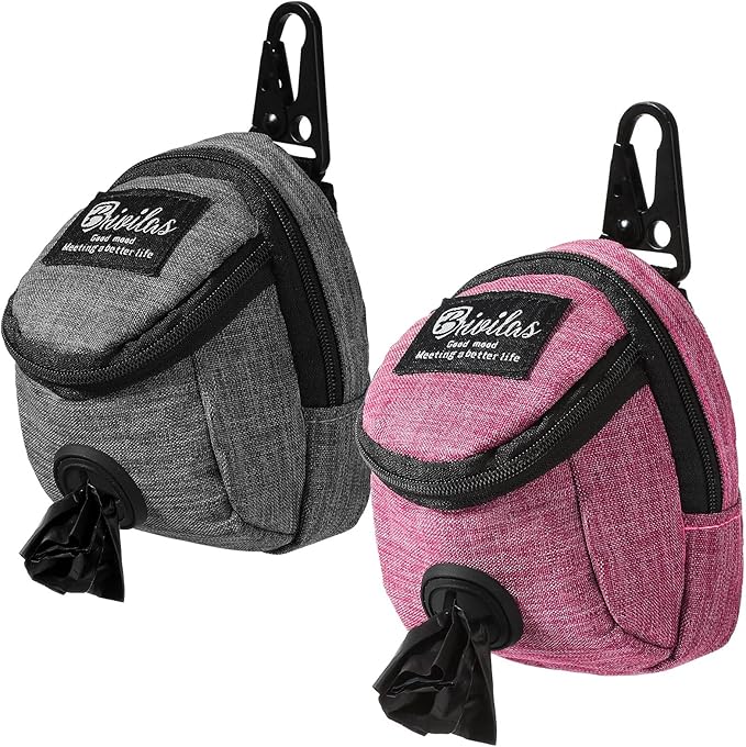 Talltalk 2 Pieces Dog Treat Pouch Pet Dog Poop Holder Dispenser Outdoor Carrier Waste Zipper Pouch with Metal Button for Most Leash(Pink,Grey)