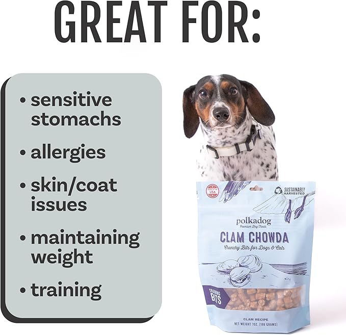 Polkadog Clam Chowda Crunchy Training Bits - All Natural, Limited Ingredient, Premium Training Treats for Dogs, High in Omega-3. Great for Allergies, Handcrafted in USA - 7oz (1pk)