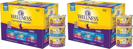 Wellness Complete Health Pate Adult Wet Cat Food,Natural,Protein-Rich,Grain-Free,3 Ounce,(Seafood Favorites Variety Pack),(Pack of 48)