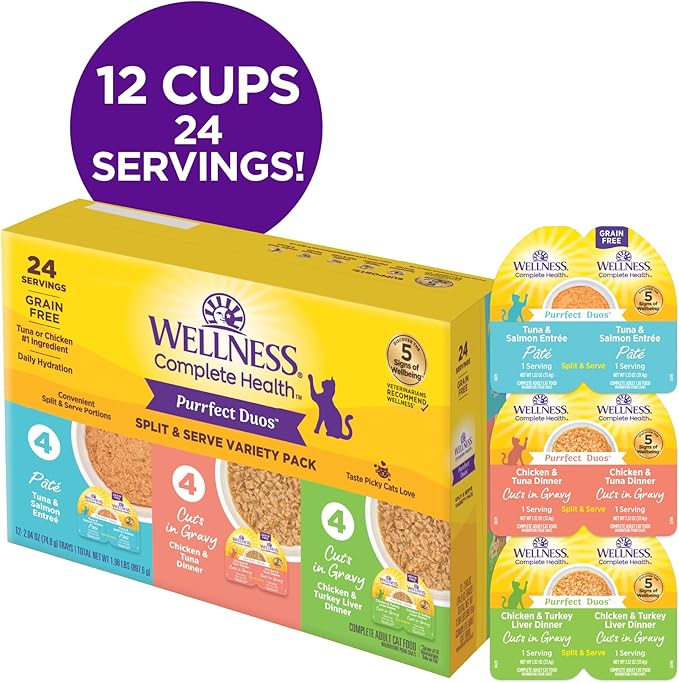 Wellness Complete Health Purrfect Duos, Adult Wet Cat Food, Natural, Protein-Rich, Grain-Free, 2.64 Ounce, 12 Pack, (Pate & Gravy Variety Pack)