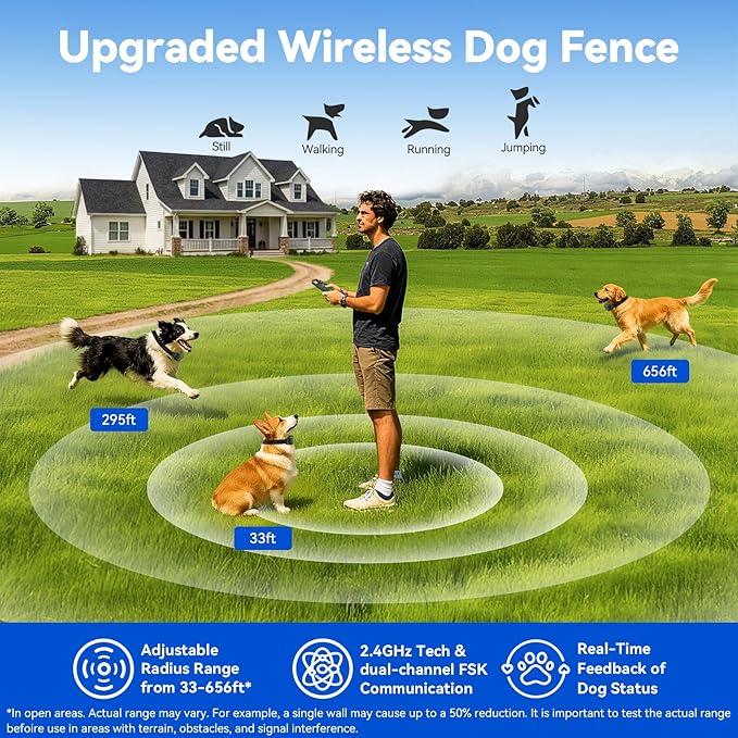 Wireless Dog Fence - Portable Electric Fence, Dog Shock Collar, Perimeter Containment System with Adjustable Radius up to 656 ft in Open Areas, Waterproof Rechargeable (Olive Green - for 1 Dog)