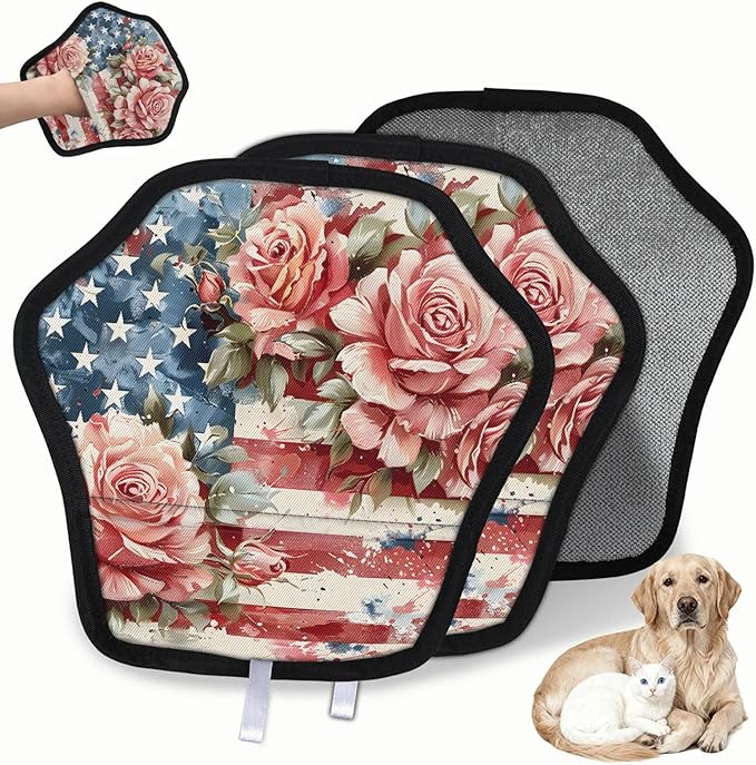 Reusable Pet Hair Removal Glove Floral Star Stripe Magic Brush for Cat & Dog Hair Remover for Car, Sofa, Bedding, Clothes - 9x9 Mitt Washable