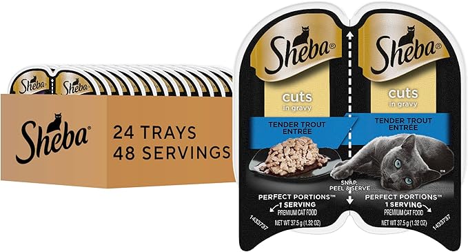 Sheba Perfect Portions Wet Cat Food Cuts in Gravy, Cat Food Wet Recipe, Tender Trout Entree, 2.6 oz. Twin-Pack Trays (24 Count, 48 Servings)