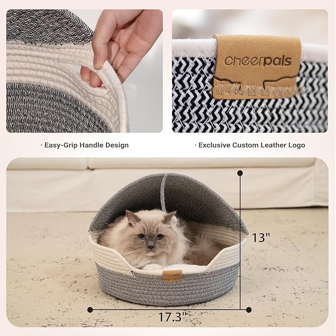 CHEERPALS Cat Basket Bed for Indoor Cats, Covered Pet Bed with Washable Cushion and Ball Rope Cotton Bed for Medium and Large Cat, All Season Universal(Blue)