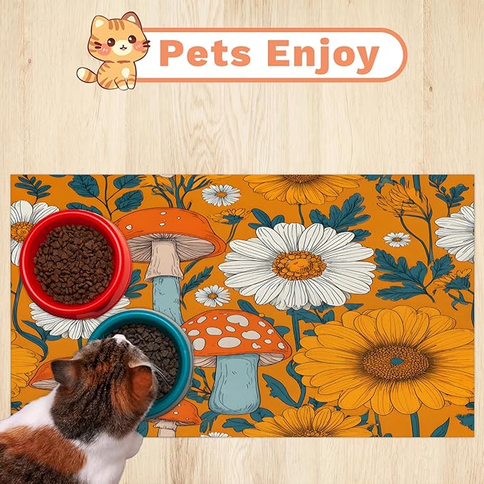 Mushroom Dog Food Mat for Floors Absorbent Dog Bowl Mat for Food and Water Dispenser Quick Dry Cat Food Placemat Pet Supplies 16" x 24", Daisy Flower
