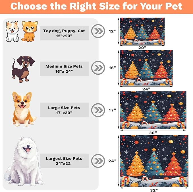 Merry Christmas Dog Food Mat for Floors Absorbent, Quick Dry Water Dispenser Mat for Food, Water, Pet Supplies 16" x 24", Snowy Xmas Tree