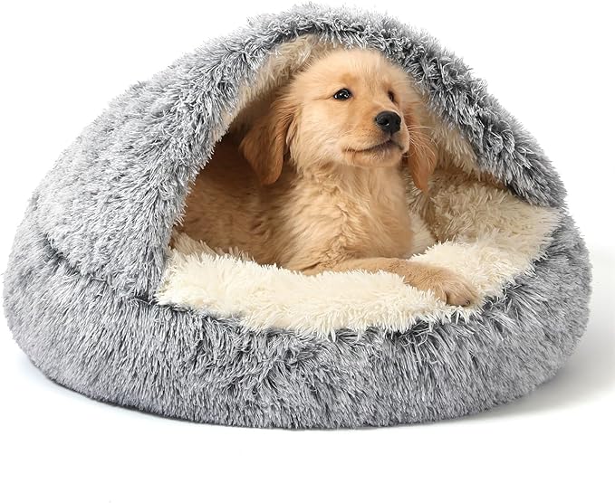 NOYAL Round Hooded Donut Dog Bed for Small & Medium Pets - Plush Fluffy Anti-Anxiety Cat Cave Bed with Cover