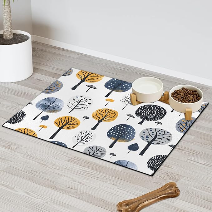Tree Dog Food Mat for Floors Absorbent, Quick Dry Water Dispenser Mat for Food, Water, Pet Supplies 17" x 30", Boho Plant
