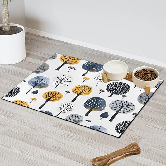 Tree Dog Food Mat for Floors Absorbent, Quick Dry Water Dispenser Mat for Food, Water, Pet Supplies 17" x 30", Boho Plant