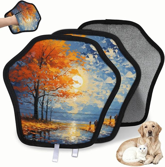 Reusable Pet Hair Removal Glove Oil Painting Trees Magic Brush for Cat & Dog Hair Remover for Car, Sofa, Bedding, Clothes - 9x9 Mitt Washable