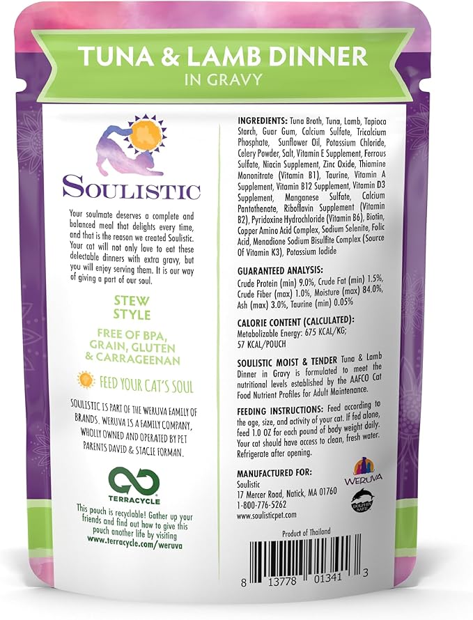 Soulistic Moist and Tender, Tuna and Lamb Dinner in Gravy, 3oz Pouch, Pack of 8