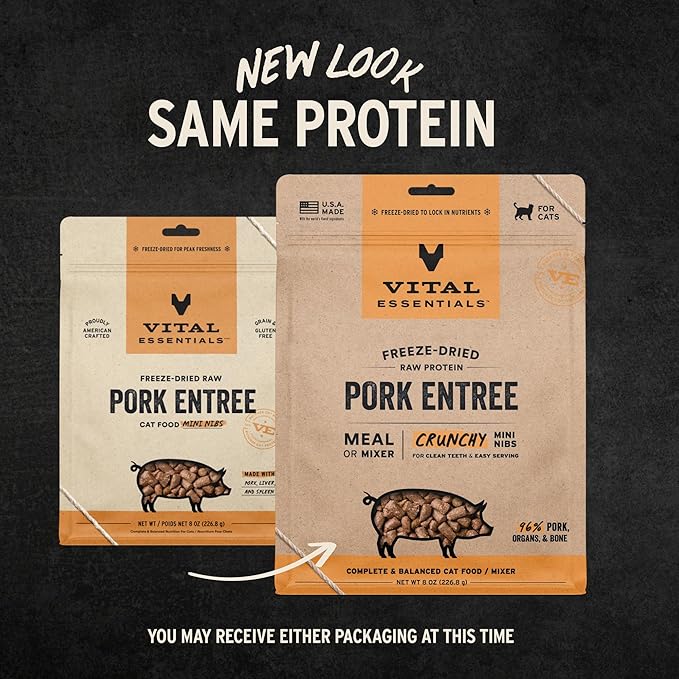 Vital Essentials Freeze Dried Cat Food, Raw Pork Crunchy Mini Nibs | Complete Meal or Topper | 96% Pork, Organs & Bone | Limited Ingredient, High Protein, Grain Free Dry Cat Food | 8 oz Bag